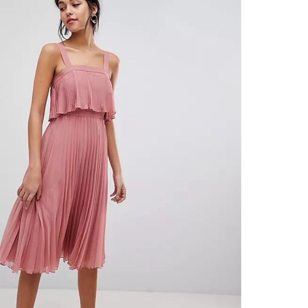 ASOS DESIGN double layer pleated cami midi dress - Tea rose/UK 12